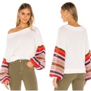 We The Free White Sweater with Multicolor Striped Sleeves